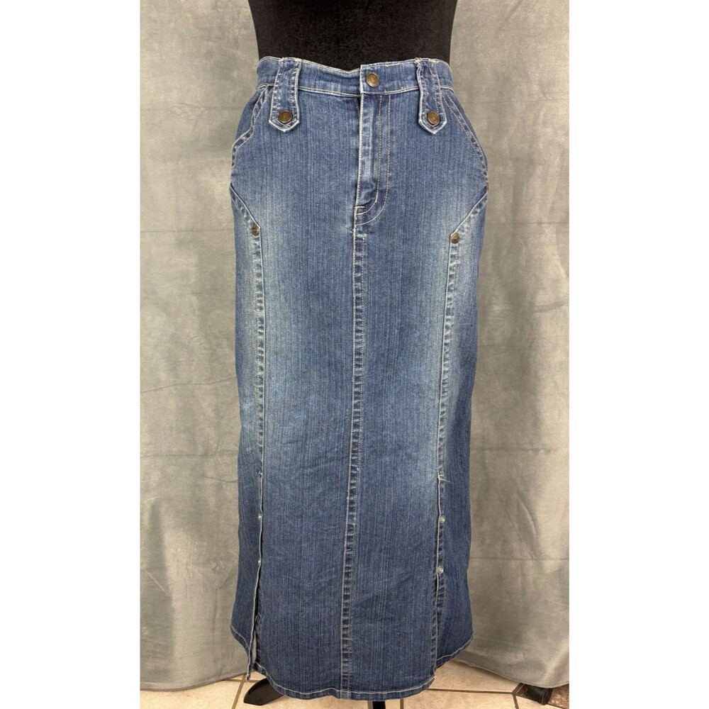 Vezucci Denim Jean Maxi Skirt Womens 10 Blue Front Slits Stretch Pockets Y2K